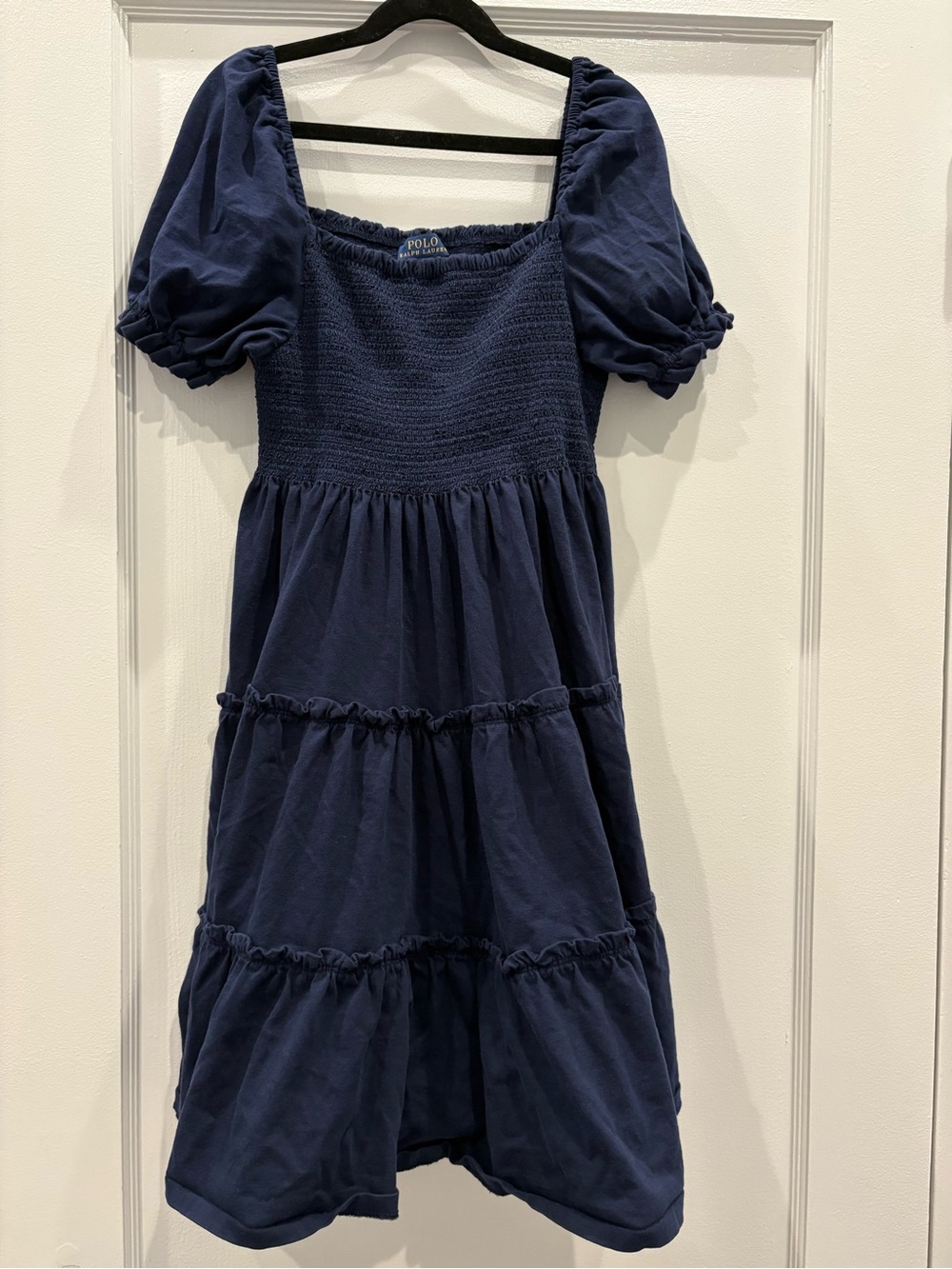 Polo Ralph Lauren Girls Navy Blue Smocked Tiered Dress White Pony Size L 12-14